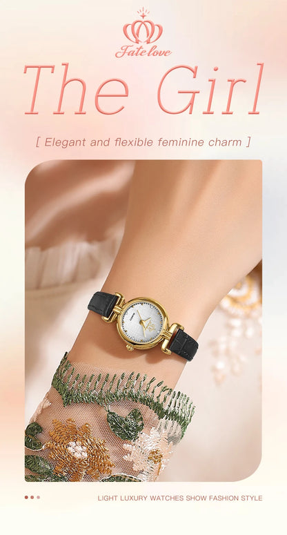 Montre à quartz rétro pour femme Fate Love, élégante, de luxe, avec bracelet en acier inoxydable doré, étanche, bracelet en cuir, montre à quartz pour femme