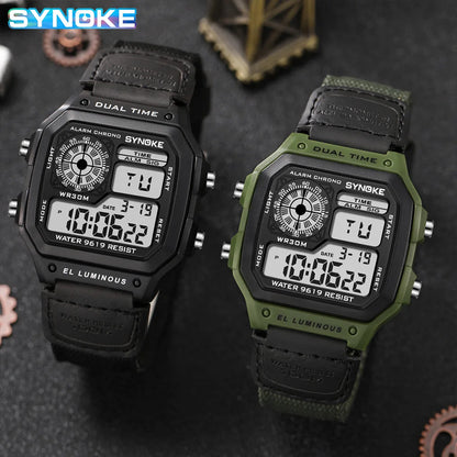 SYNOKE Montre numérique rétro avec bracelet en toile de nylon, lumineuse et étanche, pour homme, sport, carré, classique, étudiant, extérieur, militaire