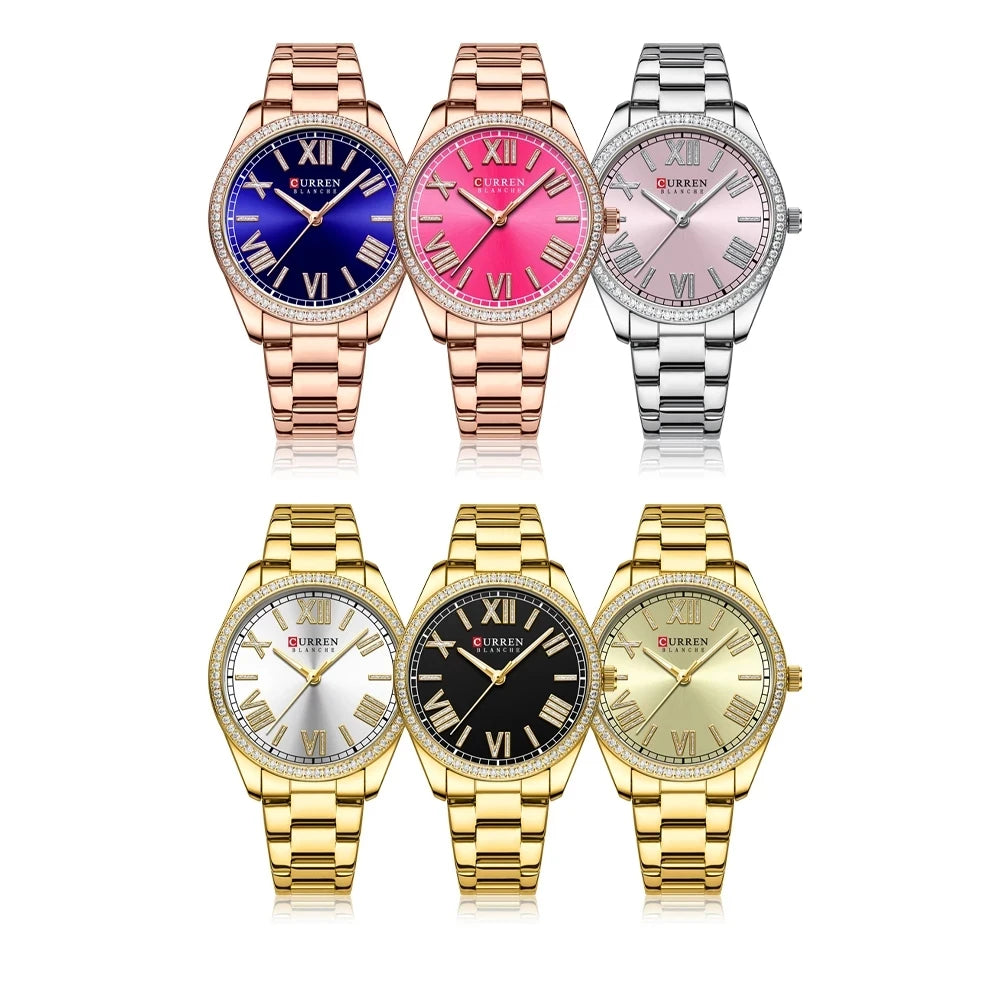 CURREN New Luxury Quartz Ladies Bracelet Watch Rhinestone Dial Elegant Luminous Pointer Stainless Steel Watch Relogio Feminino