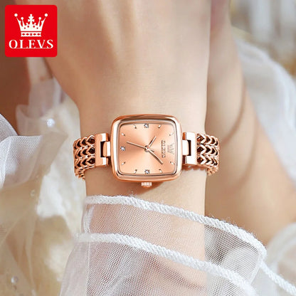 OLEVS New Quartz Watch for Women Elegant Rose Gold Stainless Steel Square Watch Original Luxury Ladies Wristwatches Jewelry Set