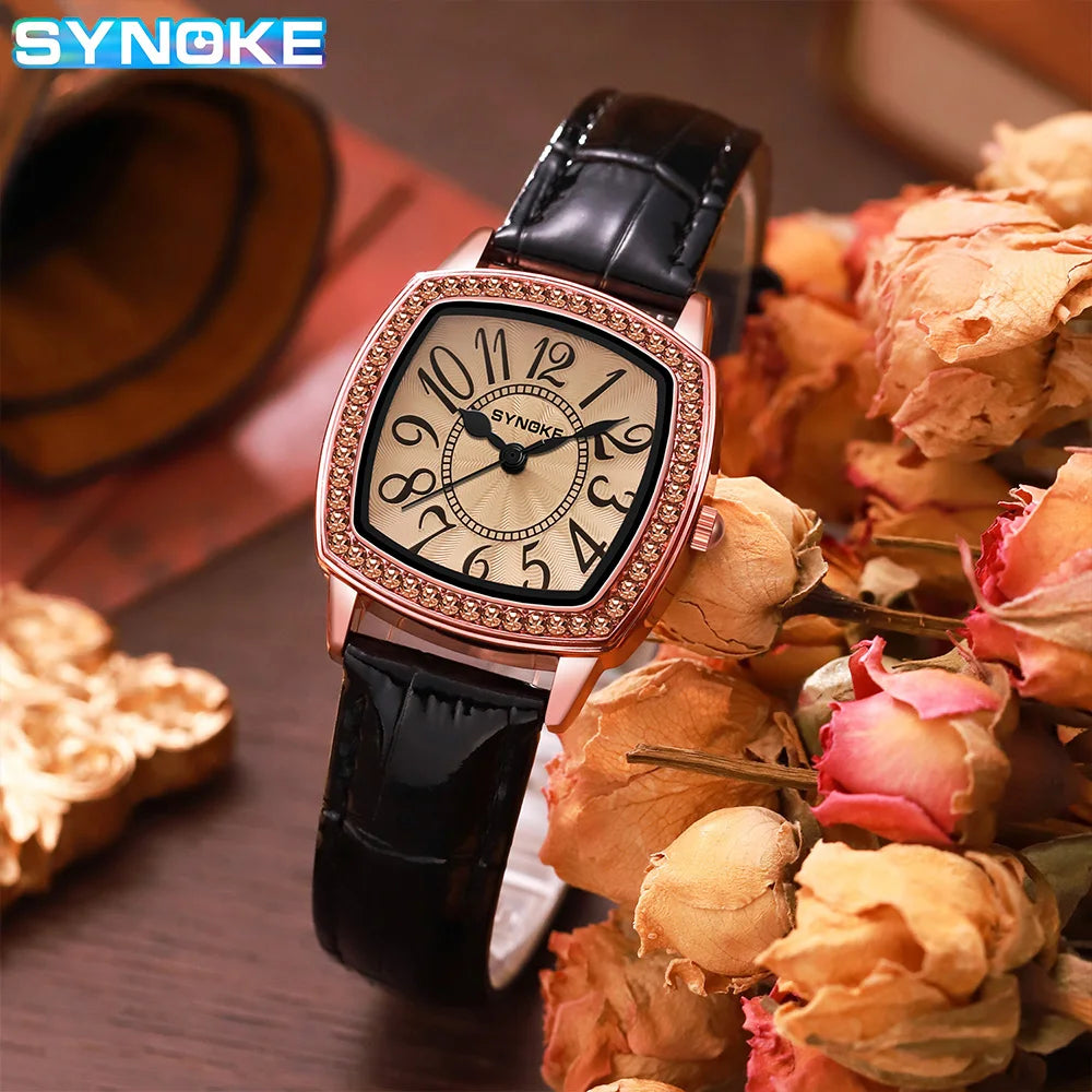 Montre à quartz de luxe Synoke pour femme, tendance, sertie de diamants, grand affichage numérique, montre-bracelet pour femme, rétro