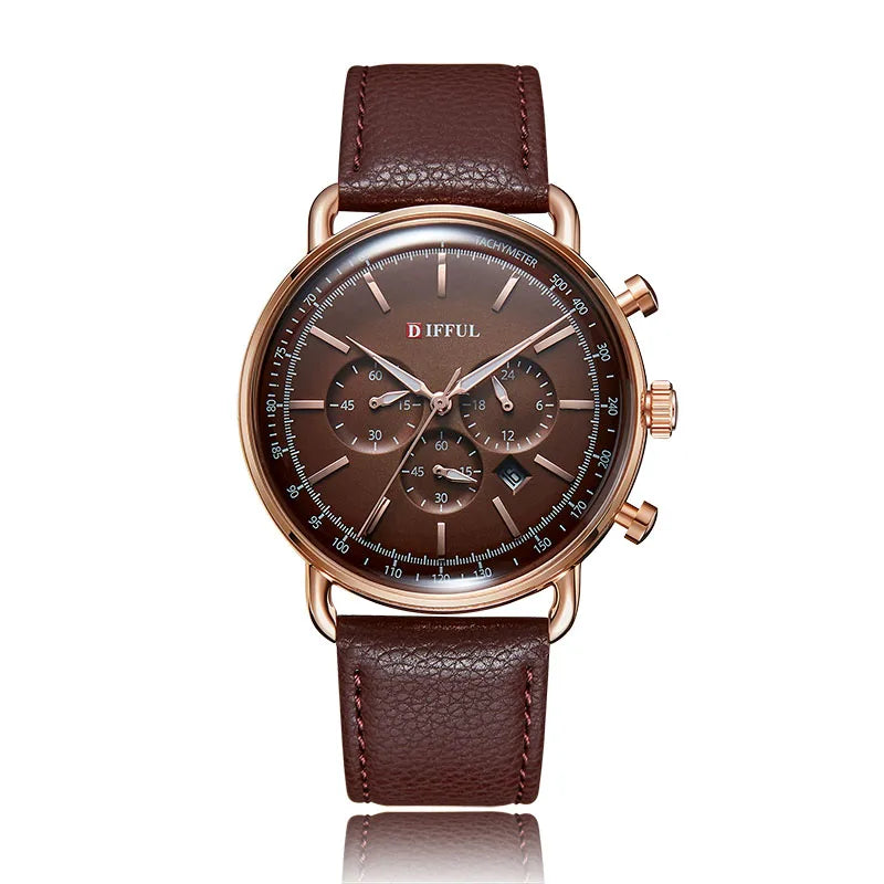 DIFFUL Brand 3ATM Waterproof Business Style Men Minimalist Chronograph Quartz Watch With Leather Band