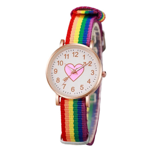 4PCS/Set Fashion Heart Dial Women's Watch Nylon Band Quartz Watch Rainbow Beads Bracelets Set