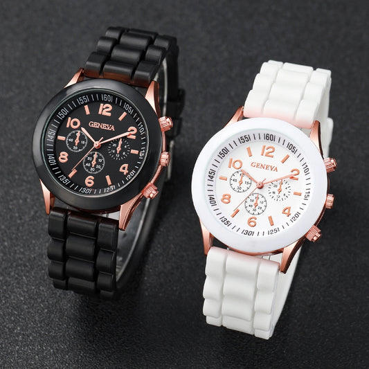 GENEVA COUPLE WATCHES WITH SILICONE BAND AND MAGNETIC HEART BEADS BRACELETS SET