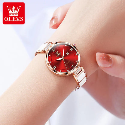 OLEVS Original Watch for Women Ceramic Stainless steel Strap Luxury Brand Elegant Ladies Watch Women's Bracelet Wristwatch Set