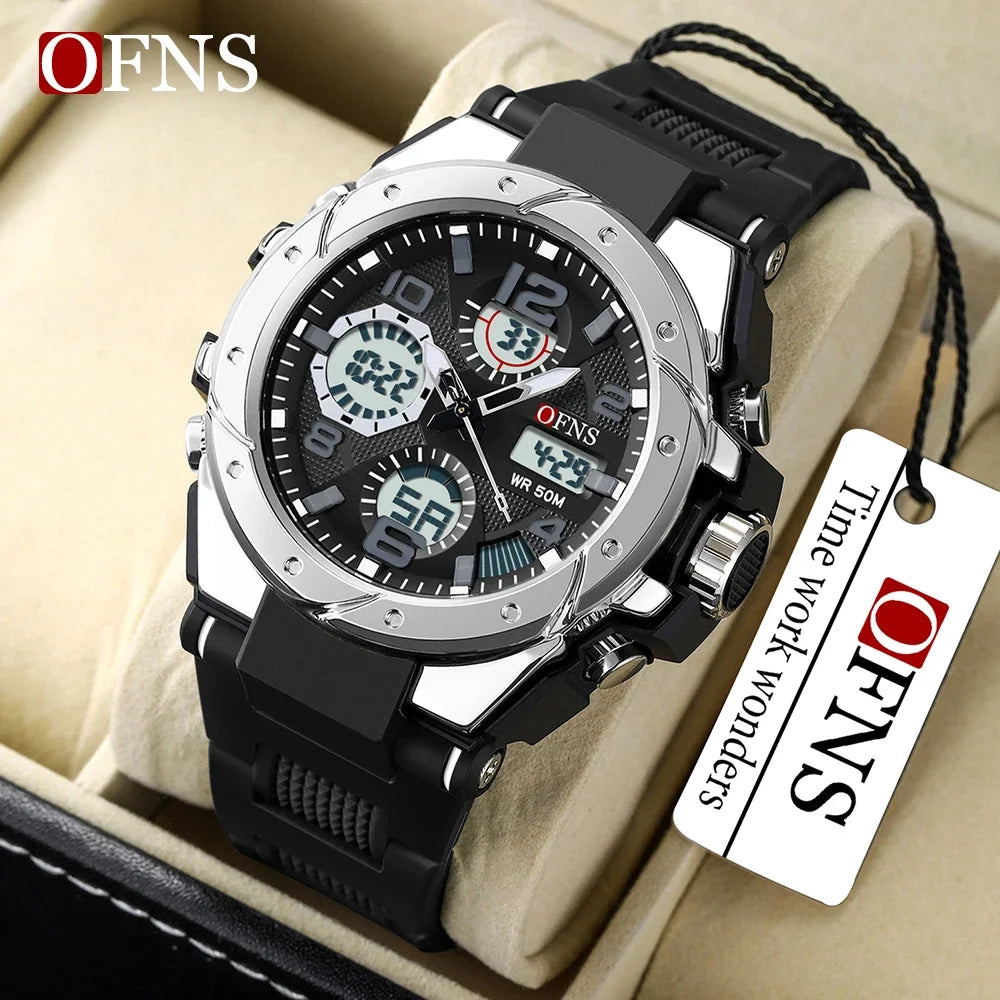 OFNS Top Brand 6008 Fashion Men's Sports Watch Dual Screen Analog Digital LED Electronic Quartz Watch Waterproof Men's Watch