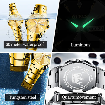 Montre à quartz OLEVS avec bracelet en acier tungstène pour homme et femme, ensemble de montres-bracelets pour amoureux, miroir losange, étanche, affichage de la date