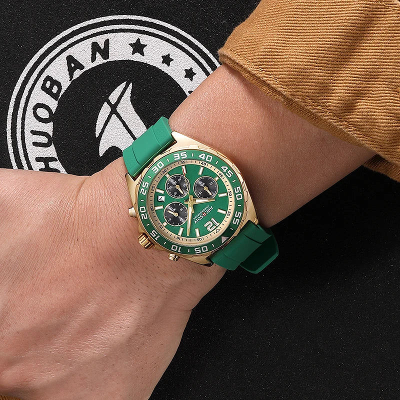 Men's Watch Green Silicone Strap Quartz Watches Chronograph Sports Wristwatch for Man 3atm Waterproof Relogio Masculino