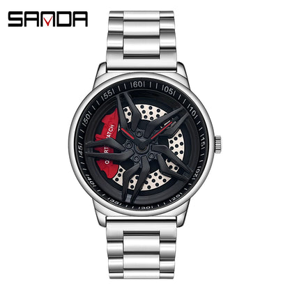 Car Wheel Watch Men Quartz Rotating Dial Waterproof Sport Steel Clock Creative Rim Hub Wheel Wristwatch Relogio Masculine