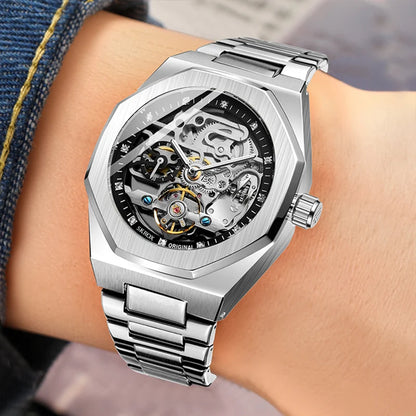 SKROX Top Luxury Gold Diamond Automatic Clockwork Man Watch Elegant Stainless Steel Skeleton Mechanical Male Field Wrist Watches