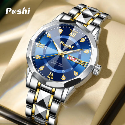 POSHI Men's Watch Date Week Fashion Watch Men Original Waterproof Non-mechanical Luminous Dual Calendar Quartz Wristwatch