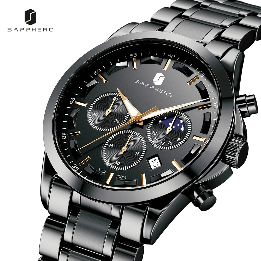 SAPPHERO Stainless steel Mens Watch Luxury Business Quartz Clock 100M Waterproof Casual Date Wristwatch for Men