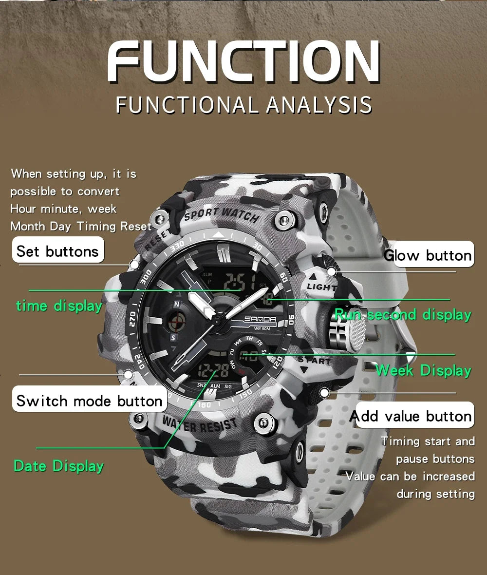 Sanda 3355 New Electronic Watch Military Style Camo Cool Multi functional Alarm Clock Waterproof Watch