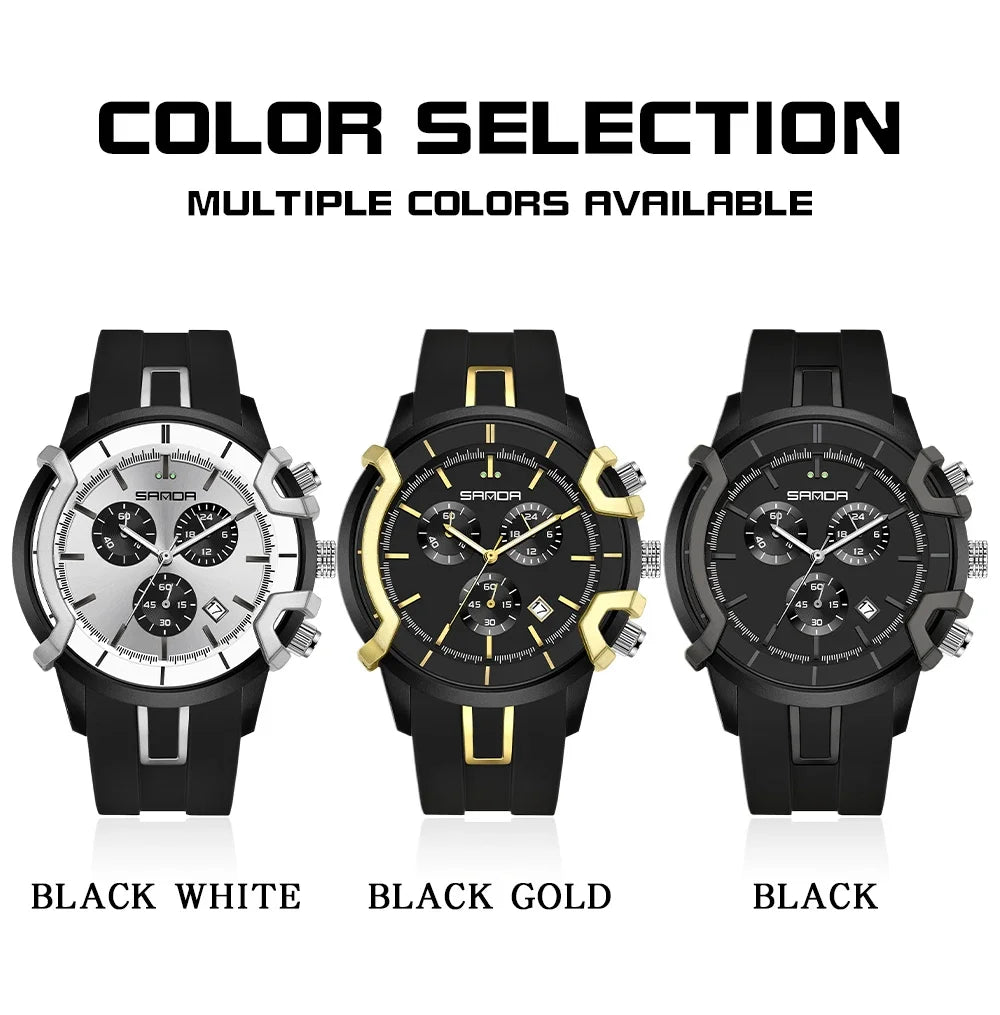 SANDA Hot Selling 9017 Men's Quartz Electronic Watch Multi functional Three Eyes Six Needle Waterproof Calendar Men's Watches