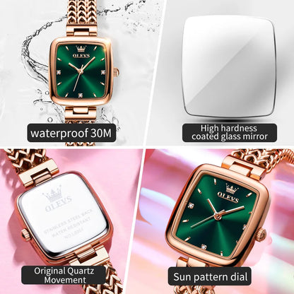 OLEVS New Quartz Watch for Women Elegant Rose Gold Stainless Steel Square Watch Original Luxury Ladies Wristwatches Jewelry Set