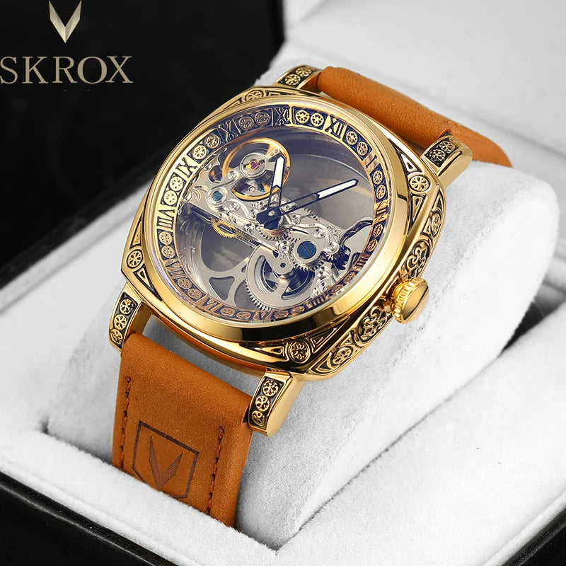 SKROX Original Transparent Skeleton Automatic Clockwork Mechanical Man Gold Watch Top Brand Luxury Rare Elegant Wristwatch reloj