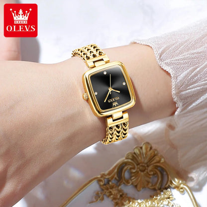 OLEVS Original Women Watches Luxury Elegant Quartz Wristwatch Stainless Steel Gold Square Quartz Watch Set Gift for Girl 9948