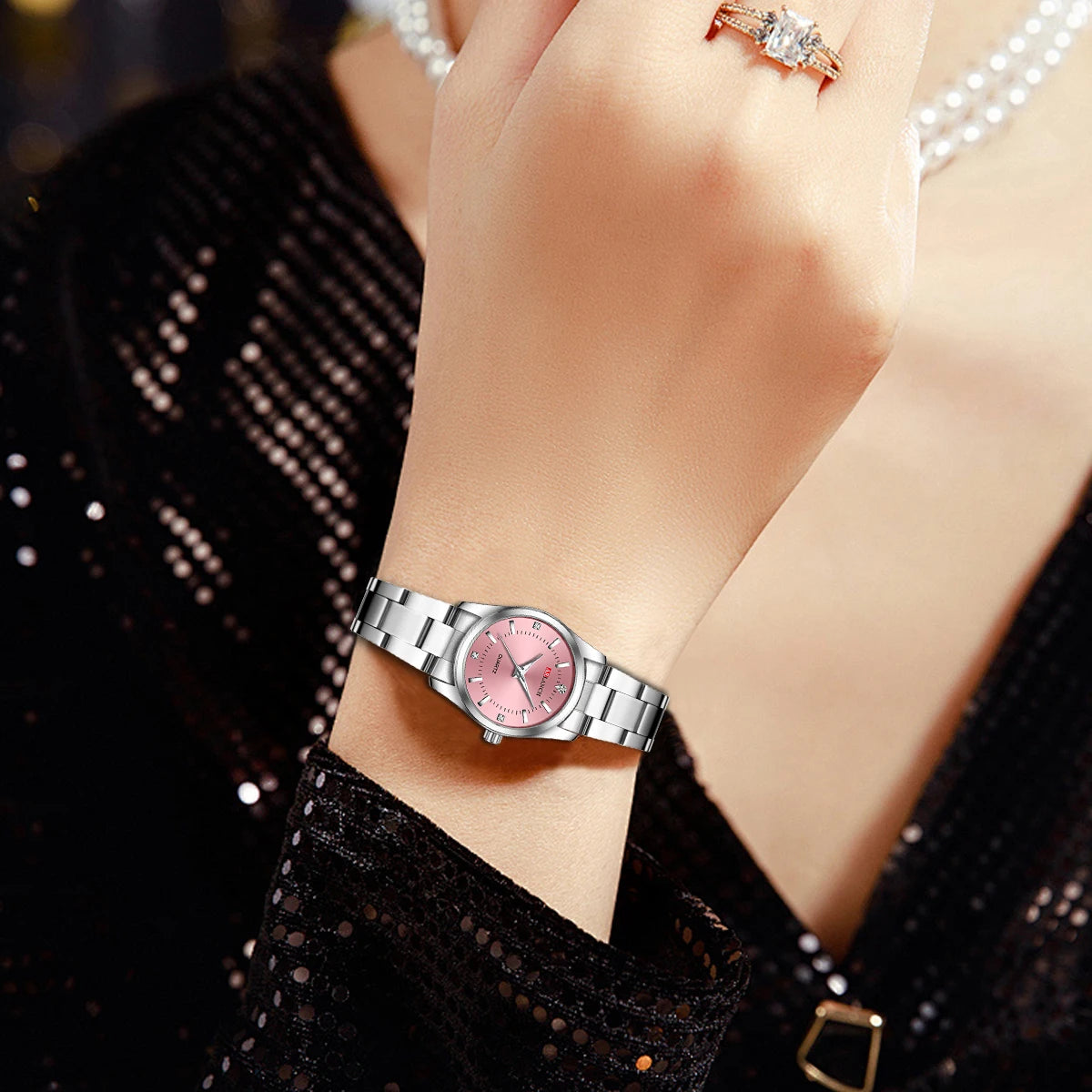 Luxury Women's Watch 29mm Fashionable Stainless Steel Rhinestone Pink Minimalist Girl Clock Outdoor Travel Women Wrist Watches