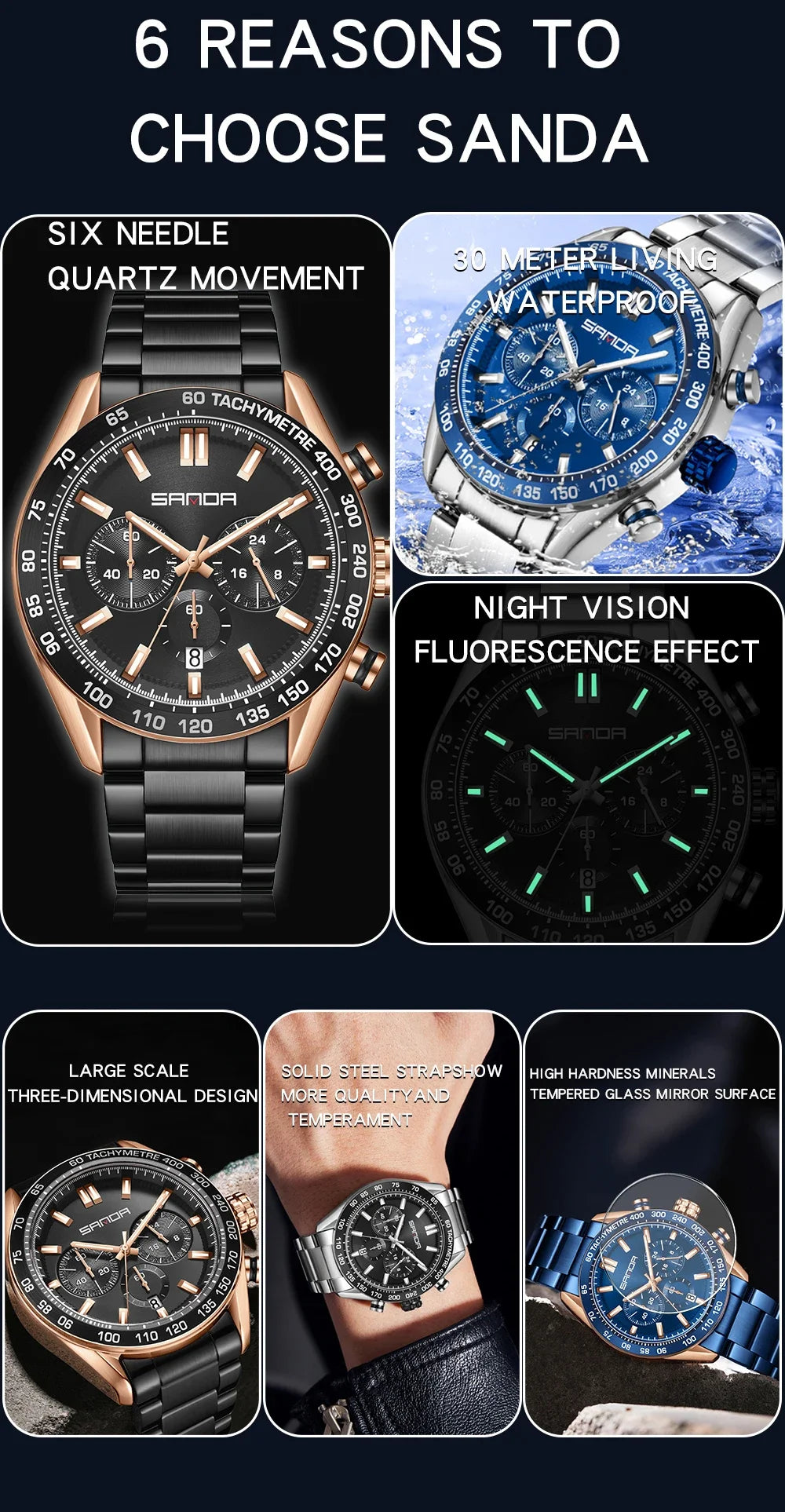 SANDA 5501 Luxury Fashion Trend Quartz Wristwatch Waterproof Date Stopwatch Round Dial Fluorescence Design Men Watch