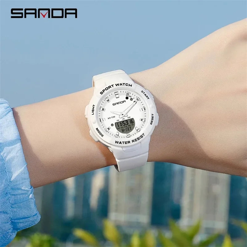 SANDA 6005 Montre à quartz décontractée pour femme de style G Montres-bracelets de sport étanches Montres numériques à double fuseau horaire pour femme