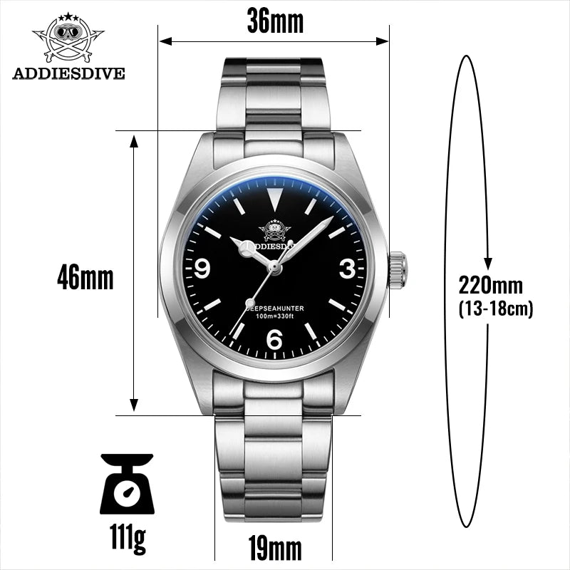 ADDIESDIVE Watch Sapphire Glass 100m waterproof Quartz Watch for Men 316L Stainless Steel BGW9 Luminous 36mm Dress Wristwatches