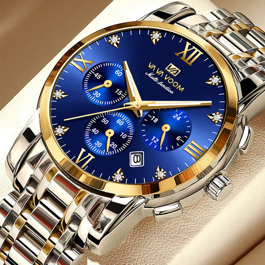 Mens Watch Stainless Steel Mesh With 40mm Multi functional Gold Blue Luxury Luminous Water Diamond Sports Men Quartz Wristwatch