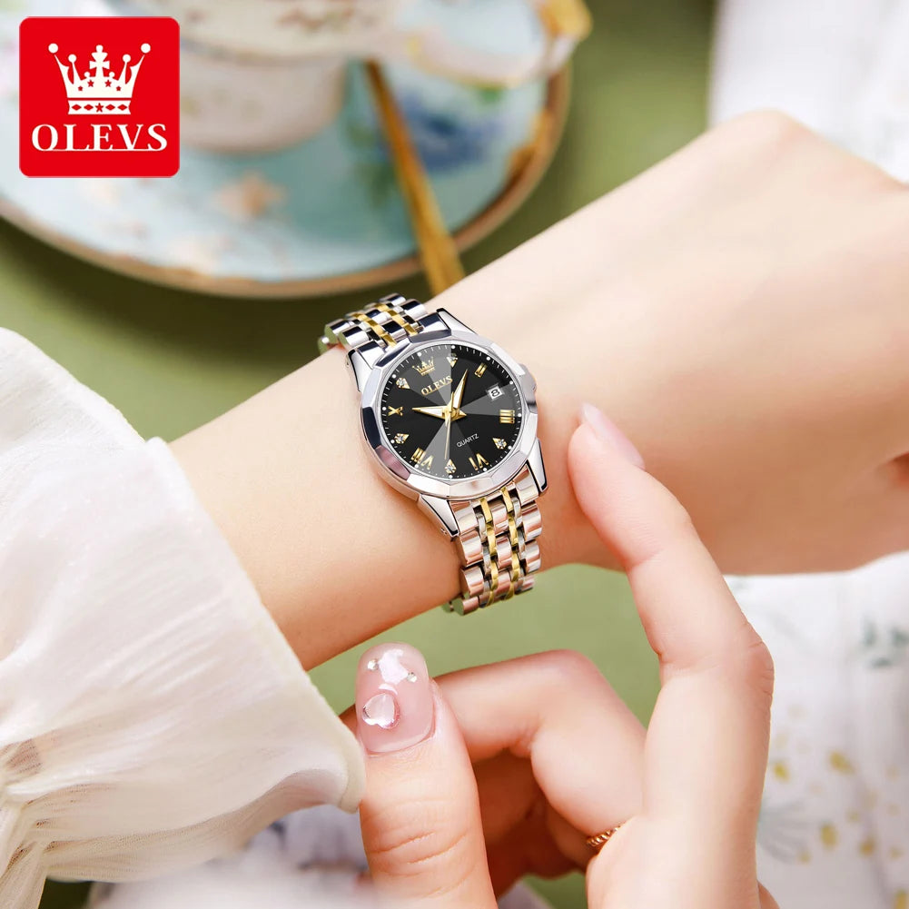 Montre à quartz OLEVS pour femmes, montre-bracelet élégante et originale en acier inoxydable avec miroir en losange, montre-bracelet étanche avec diamant