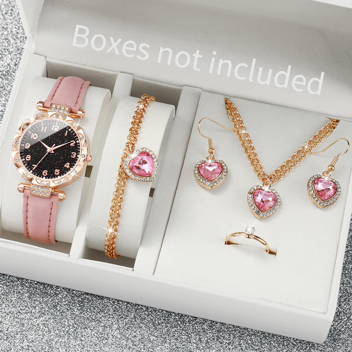 WOMEN'S STARRY SKY LEATHER BAND ANALOG QUARTZ WATCHES WITH DIAMOND HEART JEWELRY SET