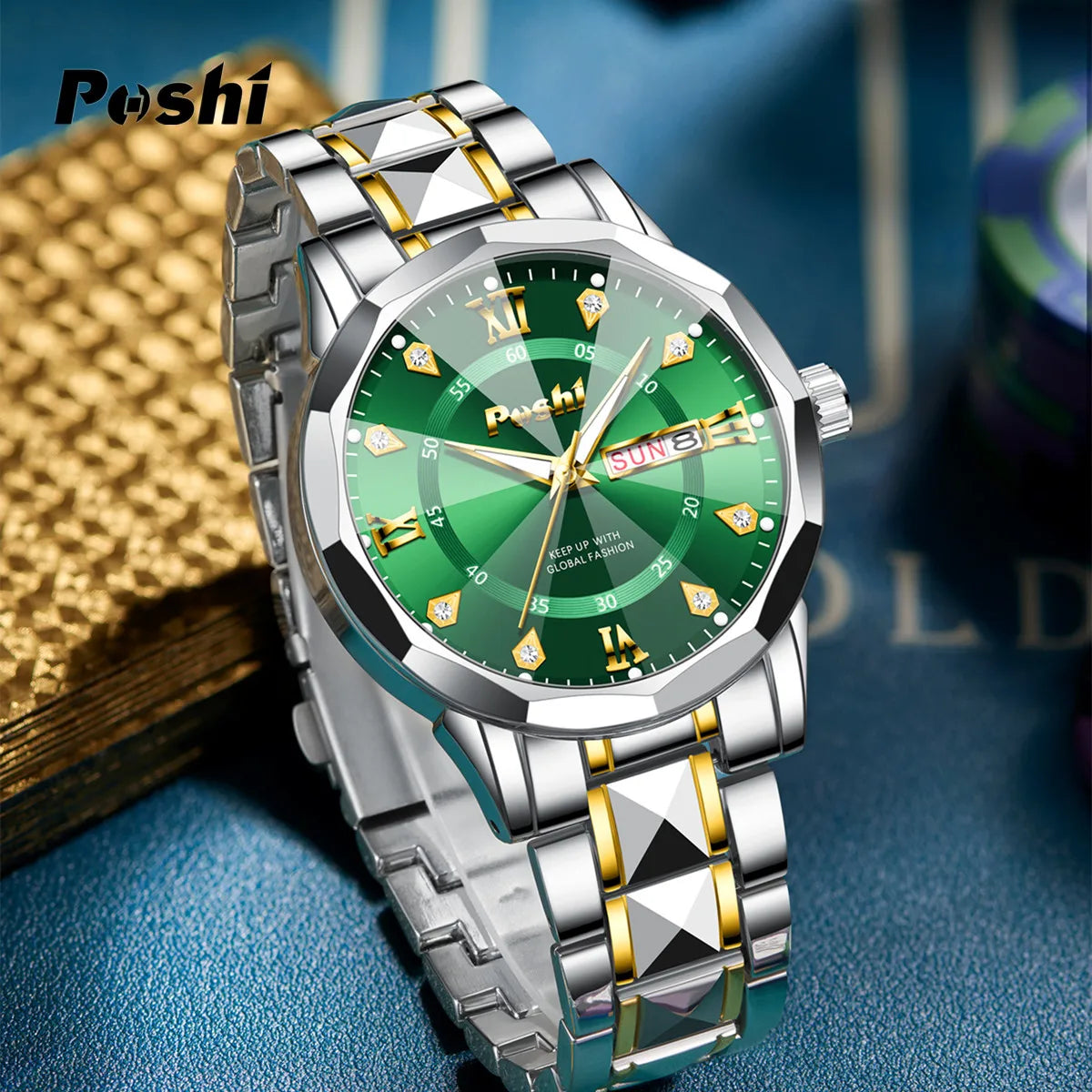 POSHI Men's Watch Date Week Fashion Watch Men Original Waterproof Non-mechanical Luminous Dual Calendar Quartz Wristwatch