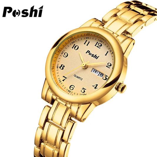 POSHI Quartz Watch for Women Fashion Ladies Bracelet Luxury Stainless Steel Strap Date Week Original Waterproof Women's Watches