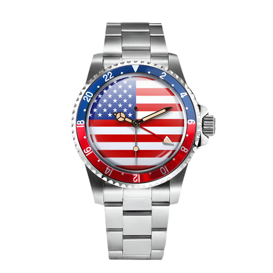 GMT Vintage Watch American Flag Dial 40mm Red Blue Bezel Automatic Movement Men's Watch Acrylic 5ATM Waterproof Watch