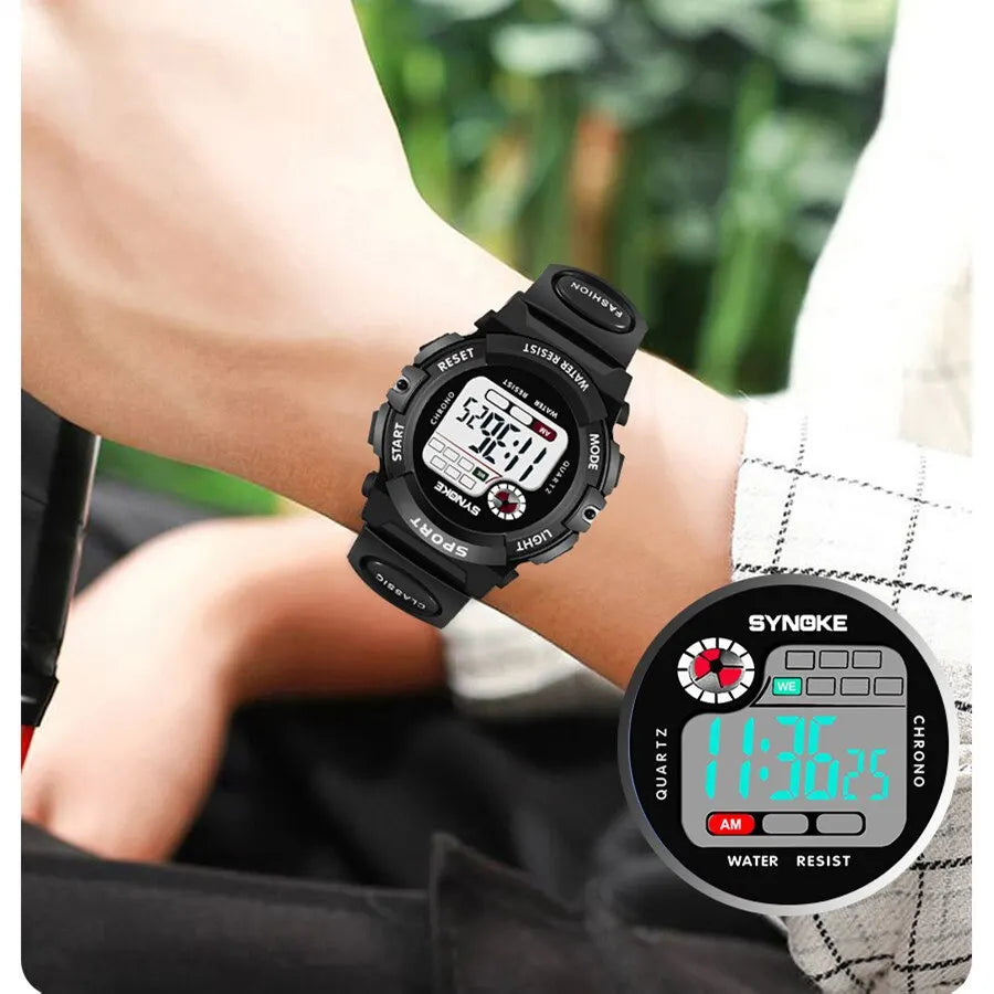 SYNOKE Montre numérique pour enfants, montre de sport, étanche, électronique, résistante aux chocs, multifonctionnelle, lumineuse, tendance