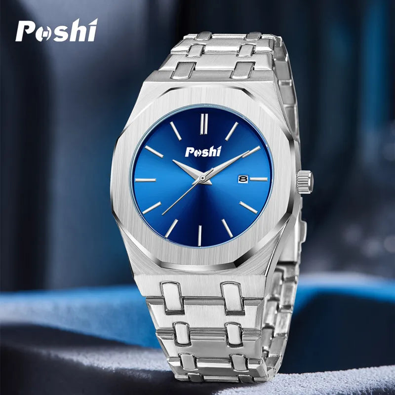 POSHI Quartz Watch for Man Fashion Luxury Business Wrsitwatch Simple Dial with Date Stainless Steel Strap Men's Watches Original