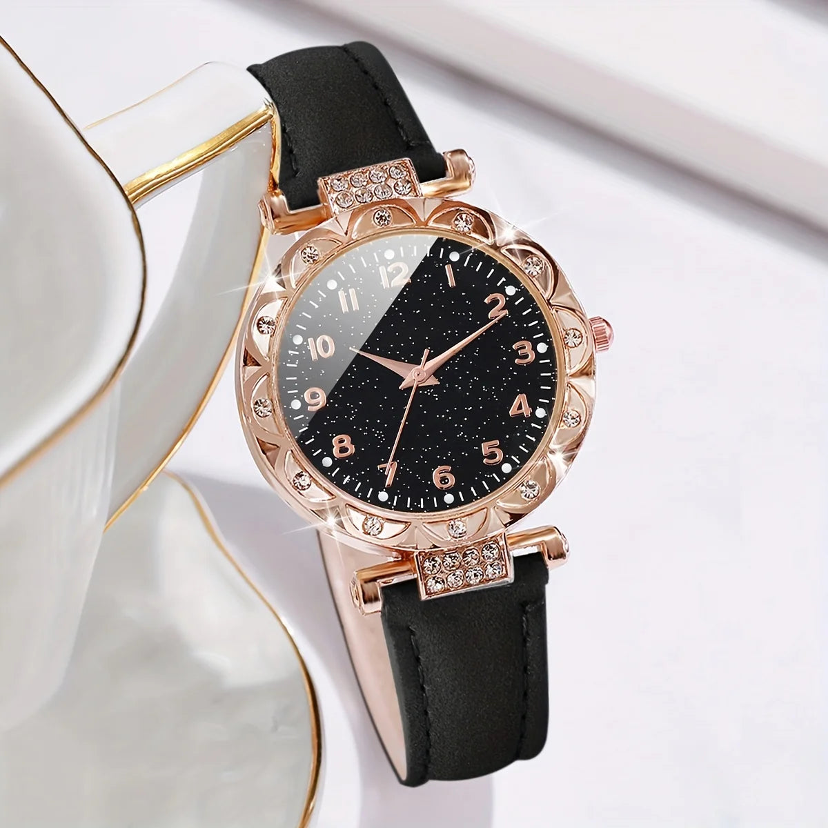 Montre à quartz analogique en cuir PU pour femme, lot de 2 pièces, bracelet en forme de cœur, strass