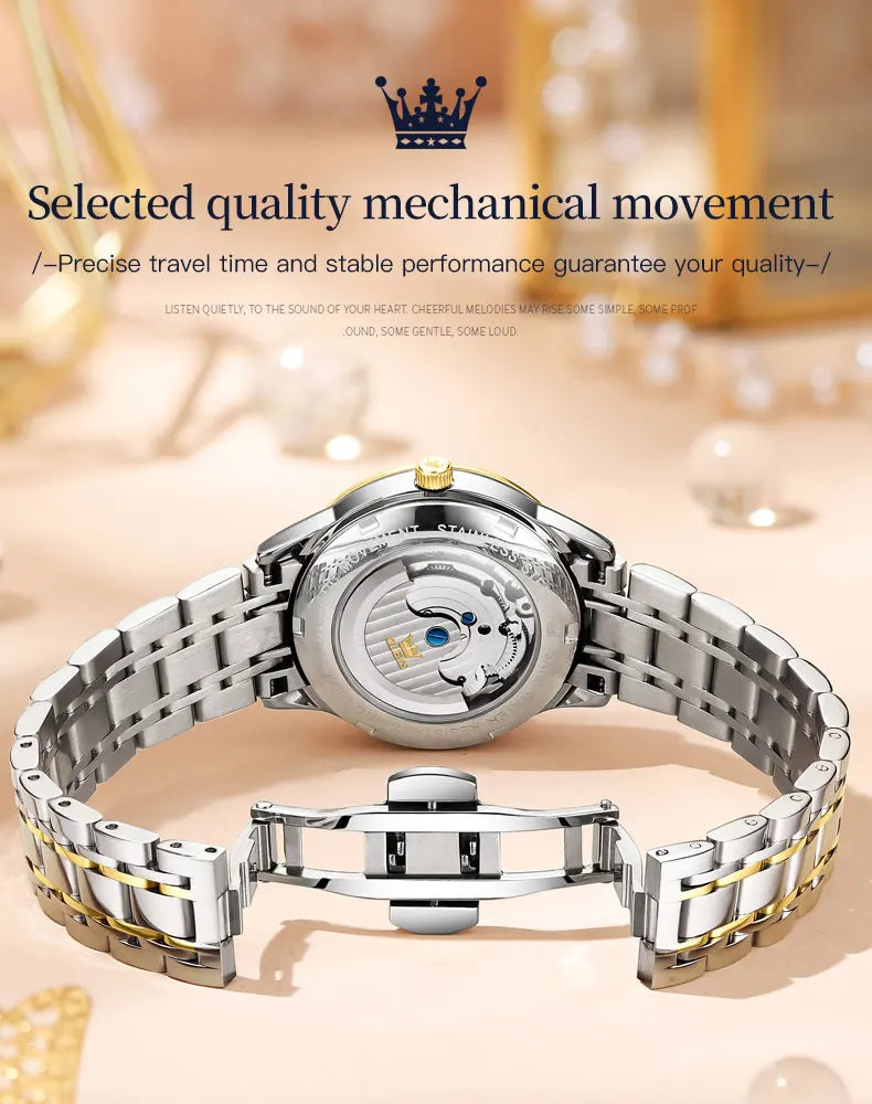 OLEVS Automatic Watch for Women Waterproof Luminous Skeleton Original Automatic Mechanical Elegant Women's Watches Set Gidt