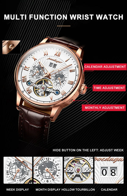 POEDAGAR Automatic Mechanical Tourbillon Business Watch Casual Date&Week&Month Luminous Waterproof Leather Men Watch Hot Relojes