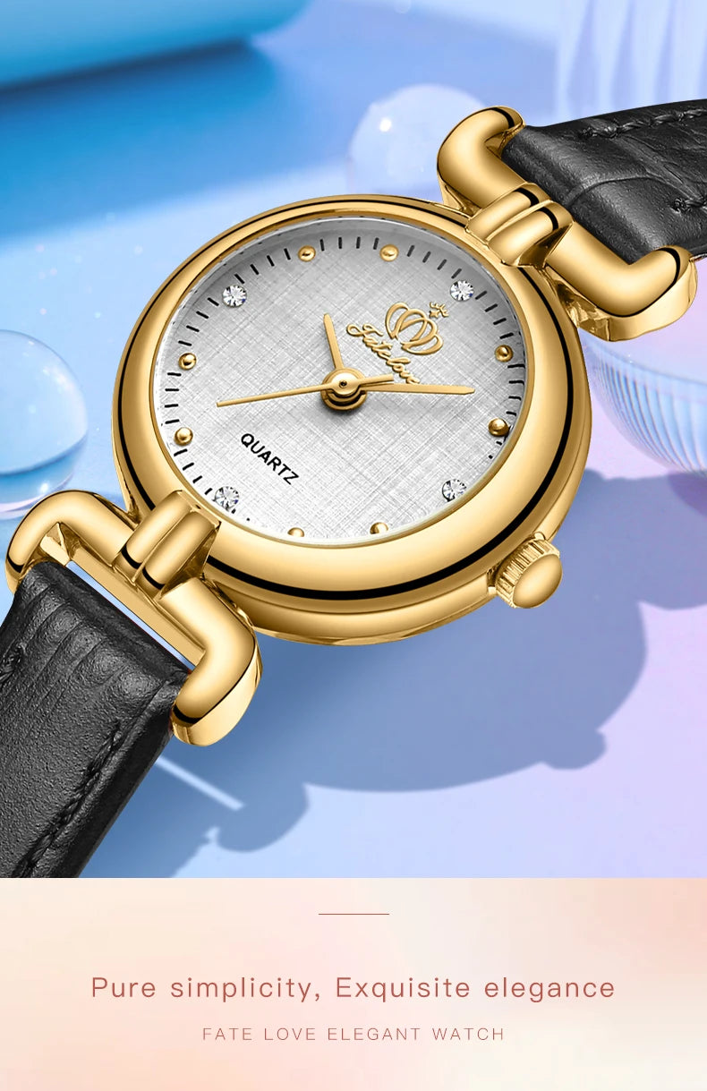 Montre à quartz rétro pour femme Fate Love, élégante, de luxe, avec bracelet en acier inoxydable doré, étanche, bracelet en cuir, montre à quartz pour femme