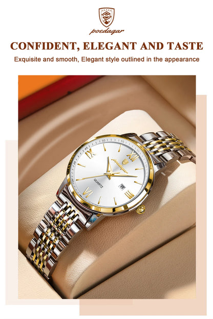 POEDAGAR Ladies Wristwatch Luxury Waterproof Luminous Date Gold Watch For Women Dress Stainless Steel Quartz Women's Watches+Box