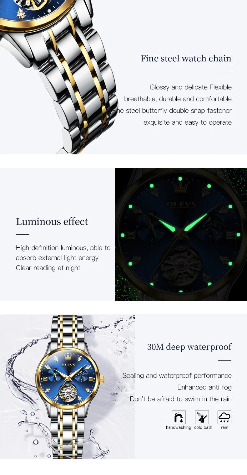 OLEVS Automatic Watch for Women Waterproof Luminous Skeleton Original Automatic Mechanical Elegant Women's Watches Set Gidt