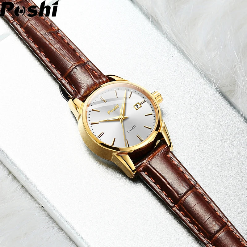 POSHI Fashion Watch for Women Luxury Leather Strap Simple Quartz Watches Original Design Waterproof Calendar Casual Laides Clock