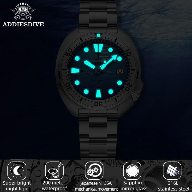 ADDIESDIVE Automatic Watch Men Sapphire NH35 Mechanical 200m Waterproof Dive Wristwatch Stainess Steel BGW9 Luminous Steel Bezel