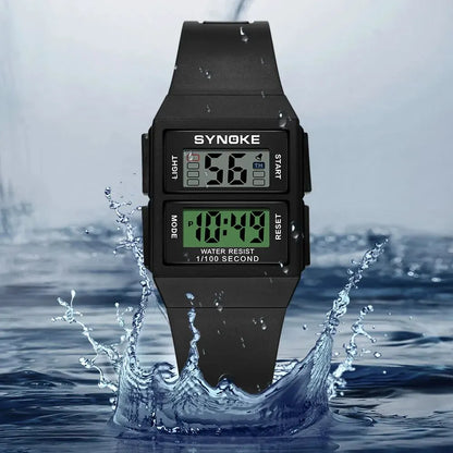 SYNOKE Montre Électronique de Sport Rectangulaire Étudiant Étanche 50M Veilleuse Design Léger Réveil Tendance Style Rétro