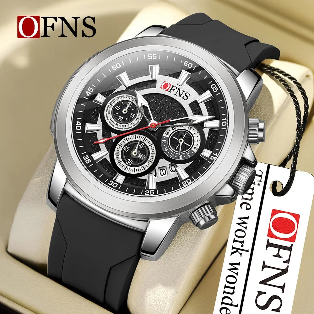 OFNS Hot Selling 1603 Top Fashion Men's Quartz Watch Six Pin Three Eye Timing Quartz Watch Multi functional Waterproof Watch