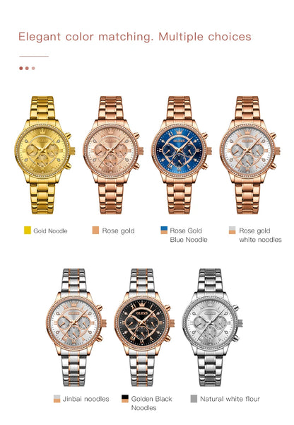 OLEVS Quartz Women's Watch Elegant Luxury Diamond Gold Stainless Steel Three Small Dials Luminous Waterproof Ladies Hand Clock