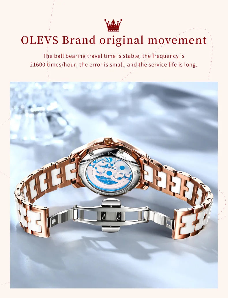 OLEVS Mechanical Watch for Women Ceramic Blue strap Original Wristwatch Skeleton Automatic Diamond Elegant Ladies Watches Set