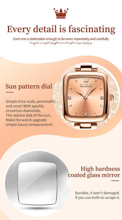 OLEVS New Quartz Watch for Women Elegant Rose Gold Stainless Steel Square Watch Original Luxury Ladies Wristwatches Jewelry Set