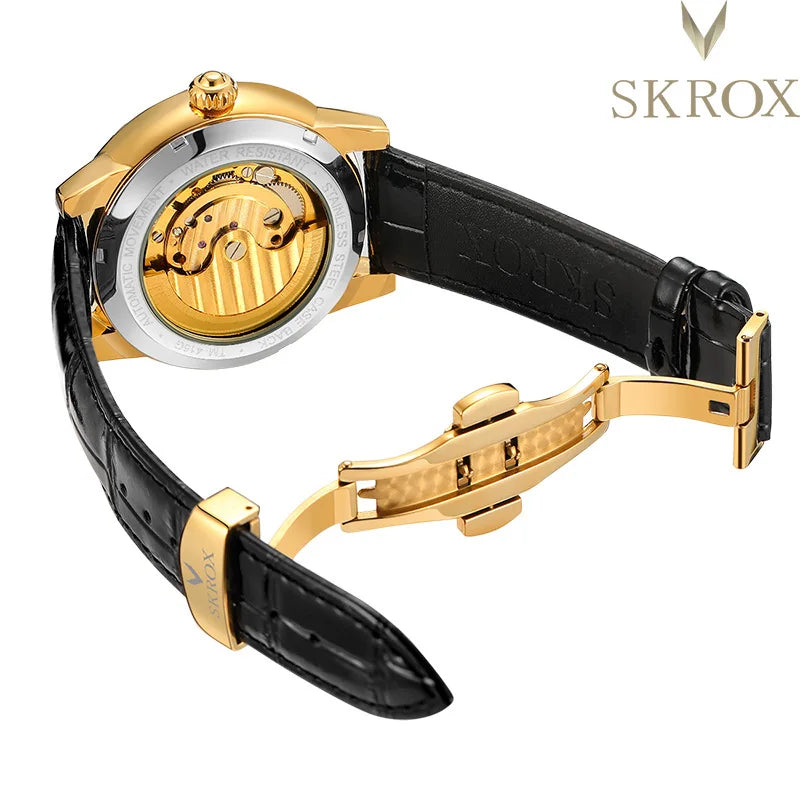 SKROX Original Gold Tiger Diamond Specials Men Watch 2024 Moon Phase Tourbillon Automatic Mechanical Skeleton Luxury Male Clock