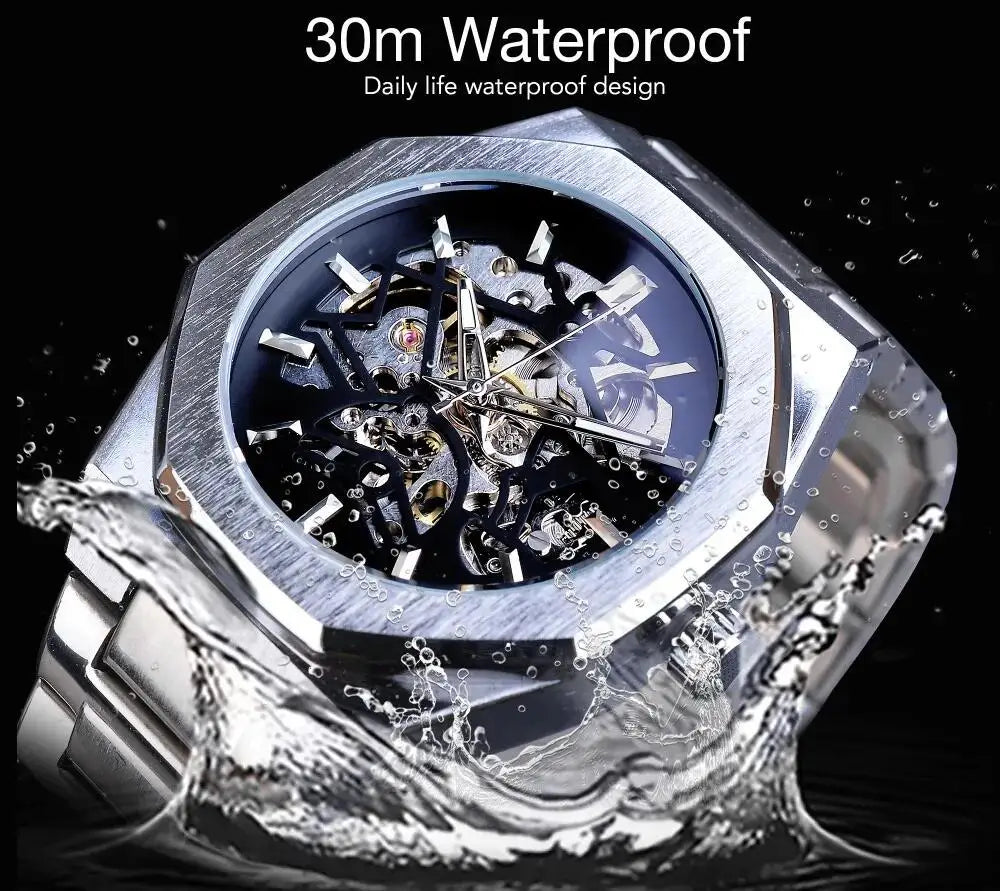 Forsining Fashion Steampunk Men's Automatic Mechanical Watch Hollow Skeleton Design Black Dial Waterproof Business Wristwatches