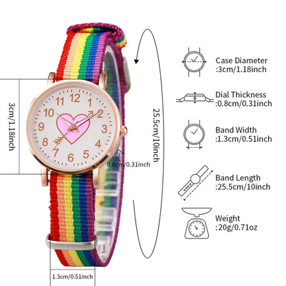 Lot de 4 montres à quartz pour femmes avec cadran en forme de cœur et bracelet en nylon, perles arc-en-ciel