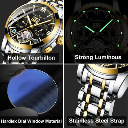 POEDAGAR Automatic Mechanical Man Wristwatch Hollow Tourbillon Stainless Steel Men Watch Waterproof Luminous Date Men's Watches